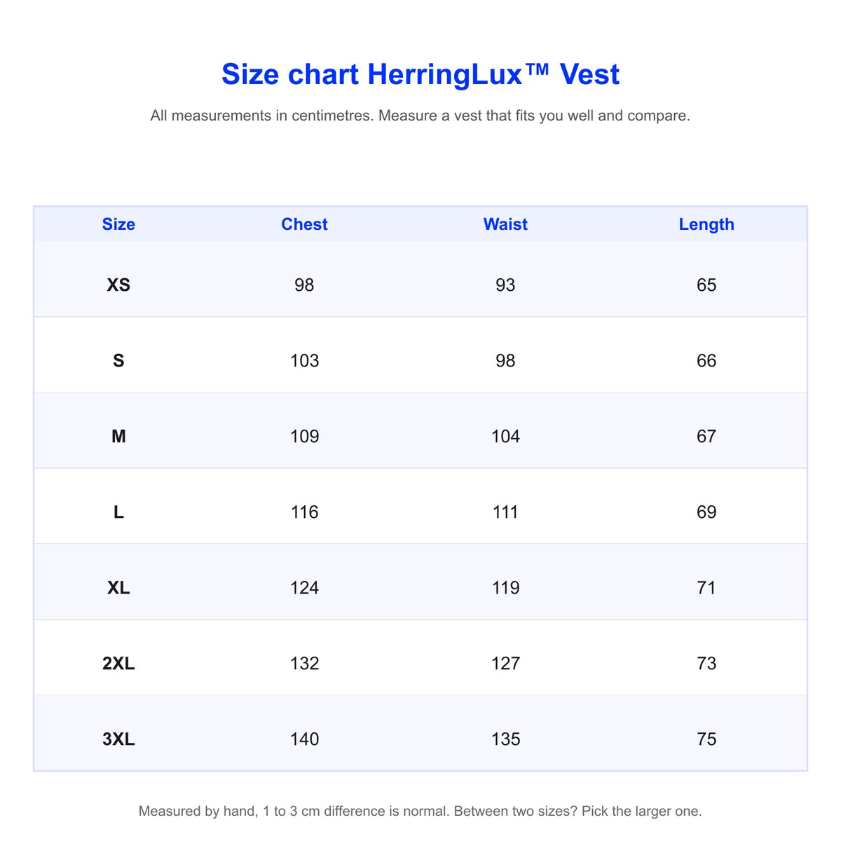 HerringLux vest size chart