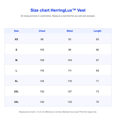 HerringLux vest size chart