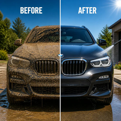 Before and after comparison showing vehicle transformation from dirty to spotless clean.