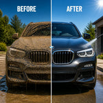 Before and after comparison showing vehicle transformation from dirty to spotless clean.