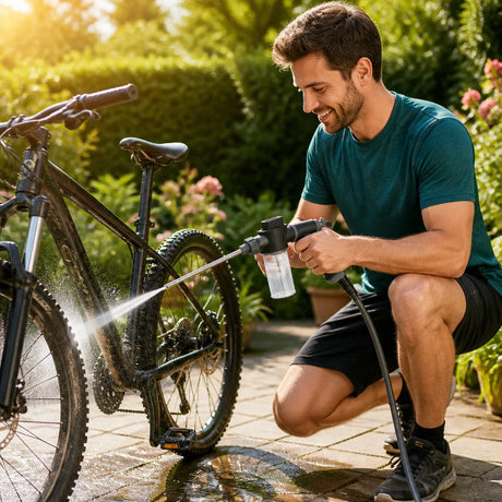 High pressure water gun efficiently cleaning bicycle and outdoor gear with precision.