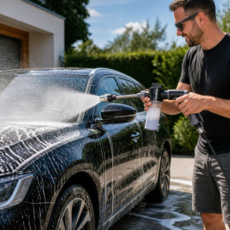 High pressure water gun in action washing a vehicle with powerful garden hose stream.