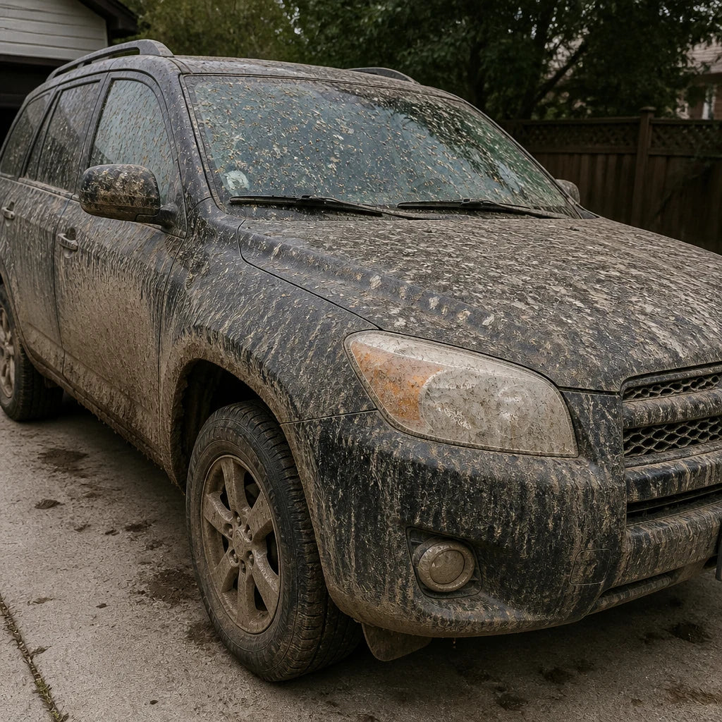 Before shot showing dirt and grime on car surface, demonstrating cleaning challenge.