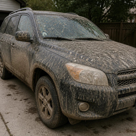 Before shot showing dirt and grime on car surface, demonstrating cleaning challenge.