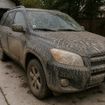 Before shot showing dirt and grime on car surface, demonstrating cleaning challenge.