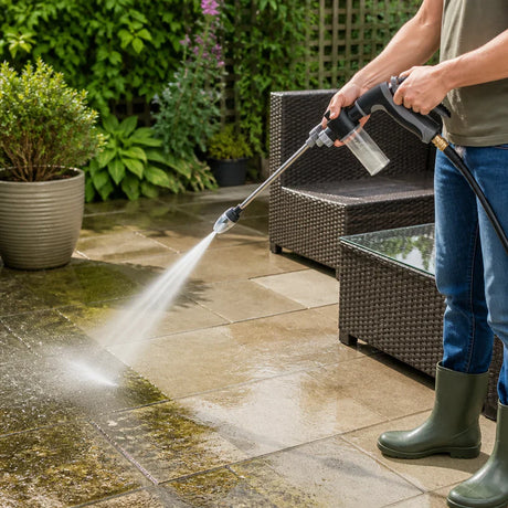 High pressure water gun cleaning outdoor patio and driveway surfaces effectively.