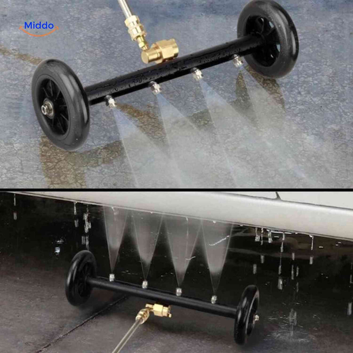 Powerful water jet stream from undercarriage cleaner during car cleaning.