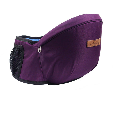 Purple baby hip seat carrier with integrated mesh pocket and ergonomic weight distribution.