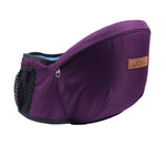 Purple baby hip seat carrier with integrated mesh pocket and ergonomic weight distribution.