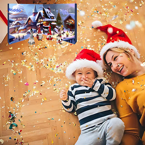 Child and parent enjoying festive countdown moments with plush advent calendar.