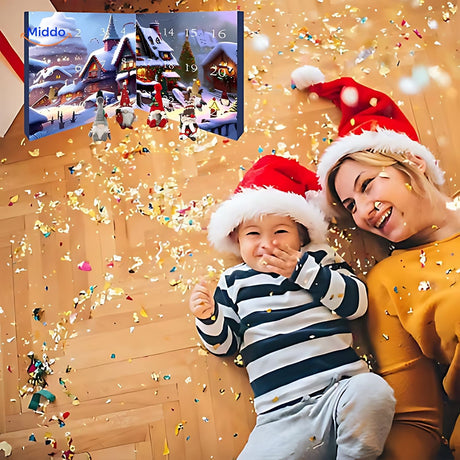 Child and parent enjoying festive countdown moments with plush advent calendar.