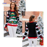 Knit sweater with embroidered Christmas tree and festive holiday decorations.