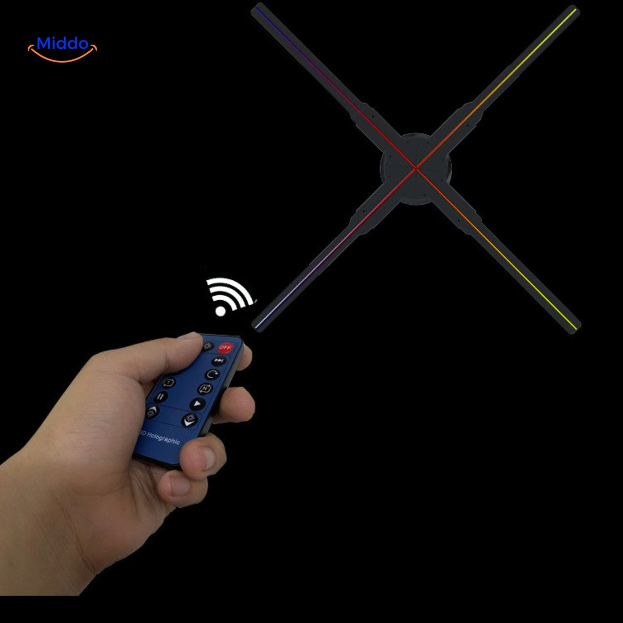 HoloGlide 3D holographic fan in dark ambiance showing vibrant 3D effects