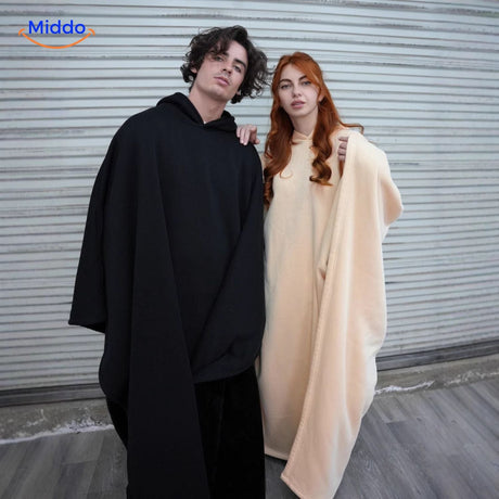 ShadowHood cape in black and beige duo-tone, stylish reversible design.
