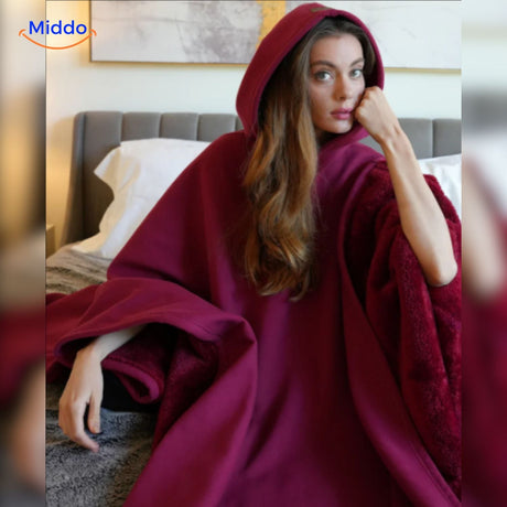 ShadowHood hooded cape in dark green with premium wool-blend construction.