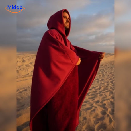 ShadowHood hooded cape in deep red with premium fleece interior.