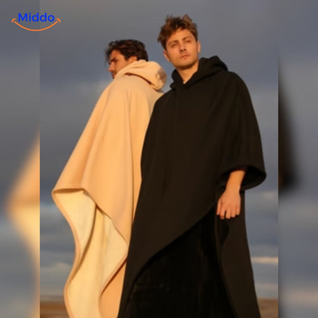 ShadowHood elegant monochrome hooded poncho in black and cream tones.