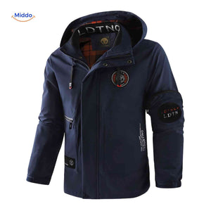Wind-resistant men's winter jacket with hood and zip closure.