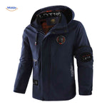 Wind-resistant men's winter jacket with hood and zip closure.