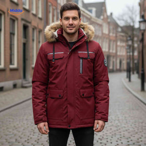 Dark blue wind-resistant men's parka with hood and reflective details.