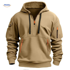 Beige hooded pullover with orange zippers designed for everyday wear