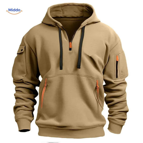 Beige hooded pullover with orange zippers designed for everyday wear