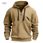 Beige hooded pullover with orange zippers designed for everyday wear