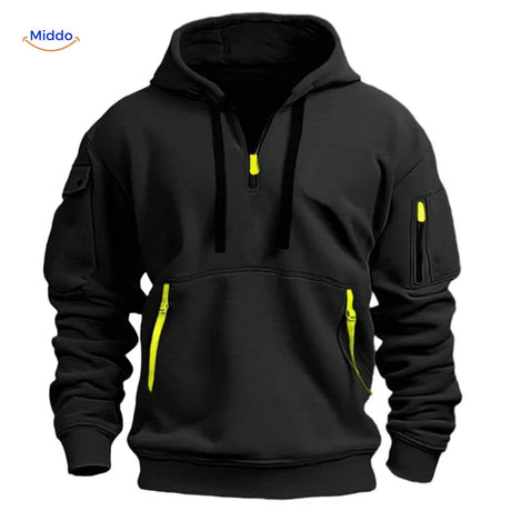 Black hooded pullover with yellow accent zippers in comfortable fit