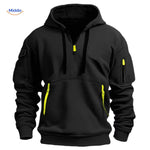 Black hooded pullover with yellow accent zippers in comfortable fit