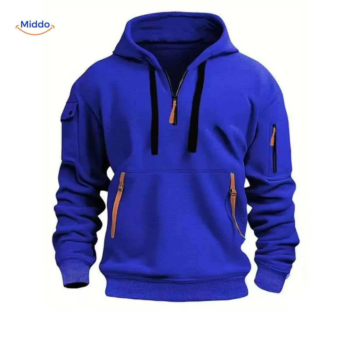 Blue hooded pullover with orange zippers combining comfort and style