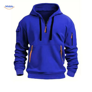 Blue hooded pullover with orange zippers combining comfort and style