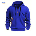 Blue hooded pullover with orange zippers combining comfort and style