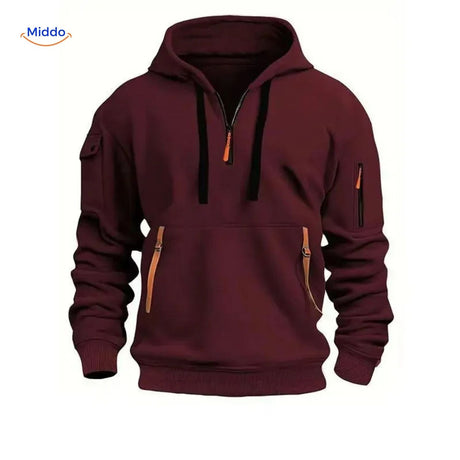 Burgundy hooded pullover with orange zippers for versatile everyday layering