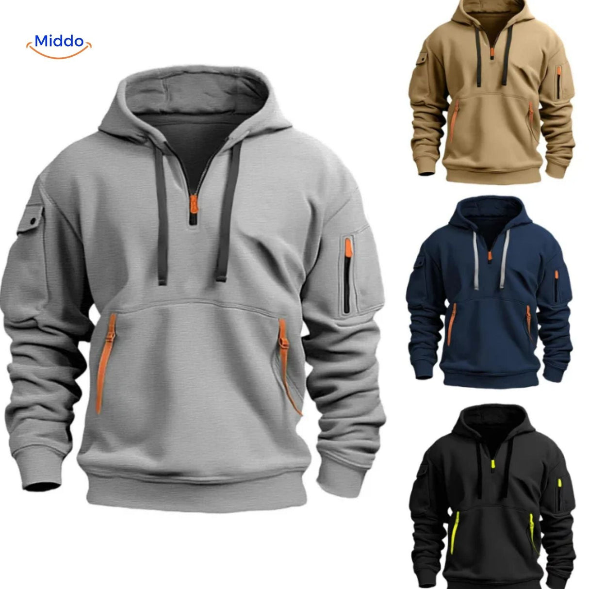 Gray hooded pullover with orange zippers in premium comfortable fabric