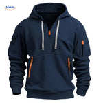 Navy hooded pullover with orange zippers for all-day comfort and durability