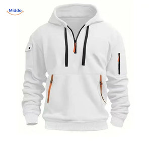 White hooded pullover with orange accent zippers in durable fabric