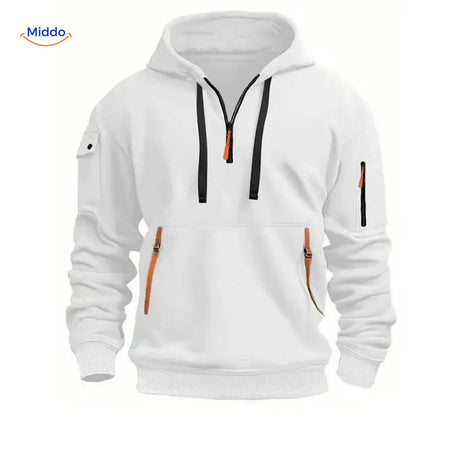 White hooded pullover with orange accent zippers in durable fabric