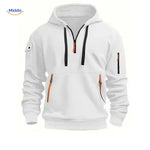 White hooded pullover with orange accent zippers in durable fabric