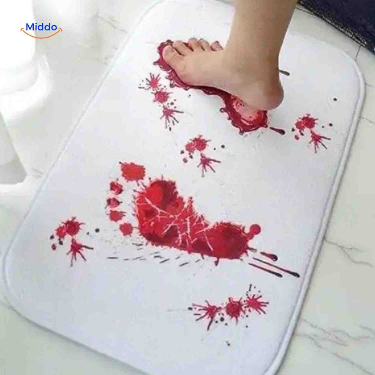 Horror-themed bath mat with gruesome bloody footprint design.