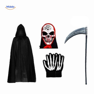 Horror skull mask paired with black cape and glowing skeleton gloves.
