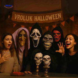 Group of horror Halloween masks in various styles displayed together.