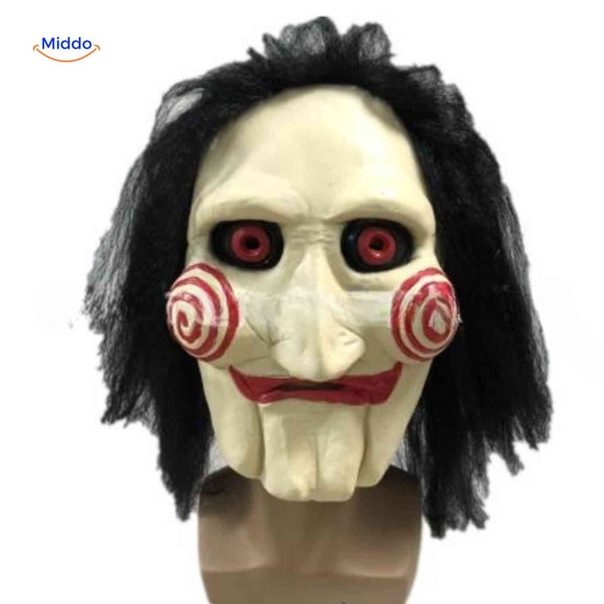 Horror-style latex mask with red eyes and intense aged expression.