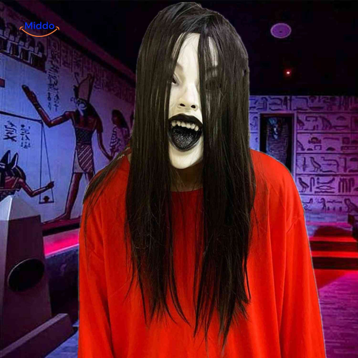 Horror mask with scary black hair and screaming expression for Halloween costume.