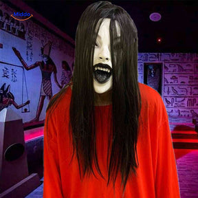Horror mask with scary black hair and screaming expression for Halloween costume.
