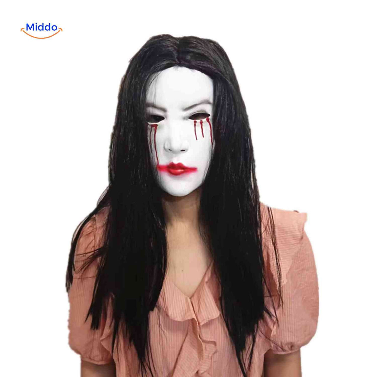 Horror mask with white face, blood tears, and red lips for dramatic effect.