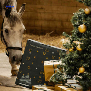 Horse advent calendar surrounded by festive gifts and holiday décor for equestrian celebrations.