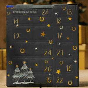 Horse advent calendar close-up showing numbered compartments and organized treat sections.