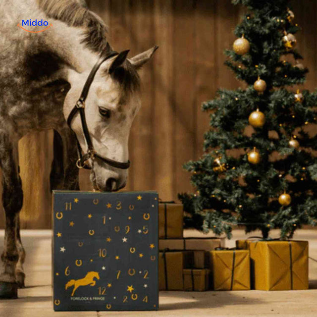 Horse advent calendar with treats, horse and Christmas tree in festive holiday setting.
