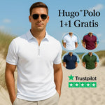 Hugo zip-up polo men's close-up detail of fabric and design.