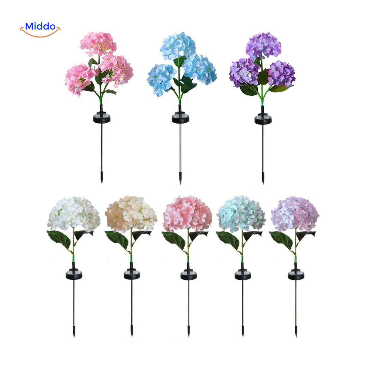 Hydrangea garden lantern set with LED solar lights for coordinated yard decoration.